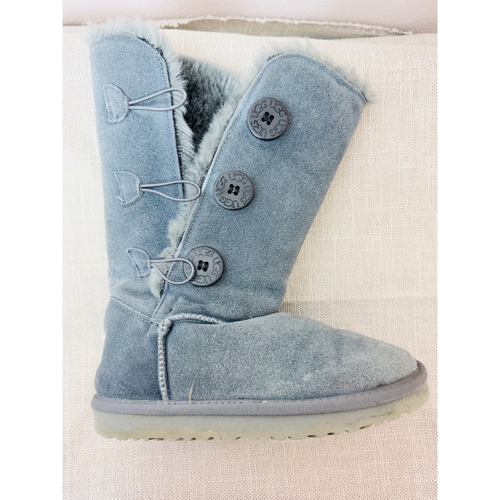 UGG Bailey Button Triplet Tall Gray Suede Shearling Boots Women's 6